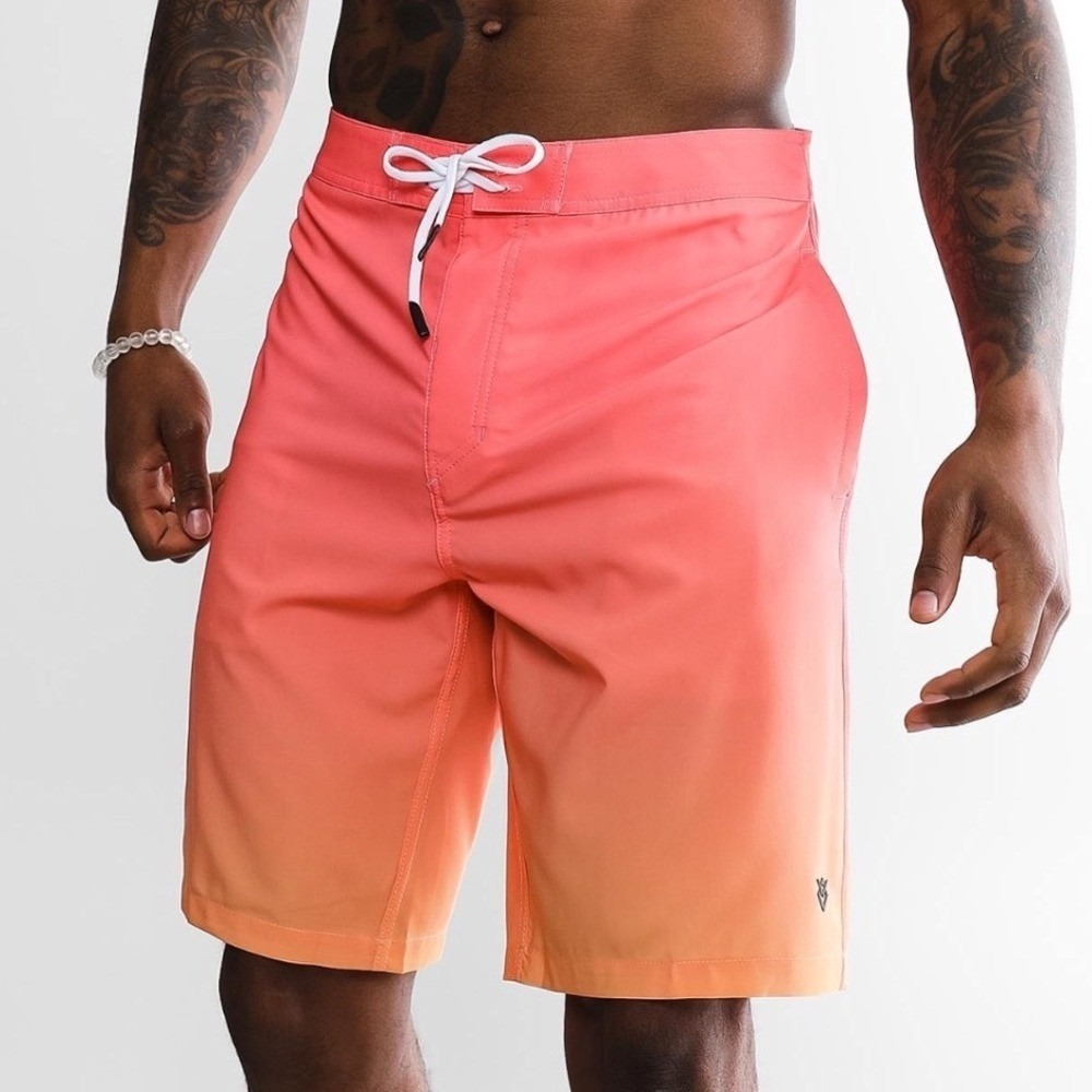VEECE | Men's Coral Peach Ombre Magic Print Stretch Swim Trunks Board Shorts, 28
